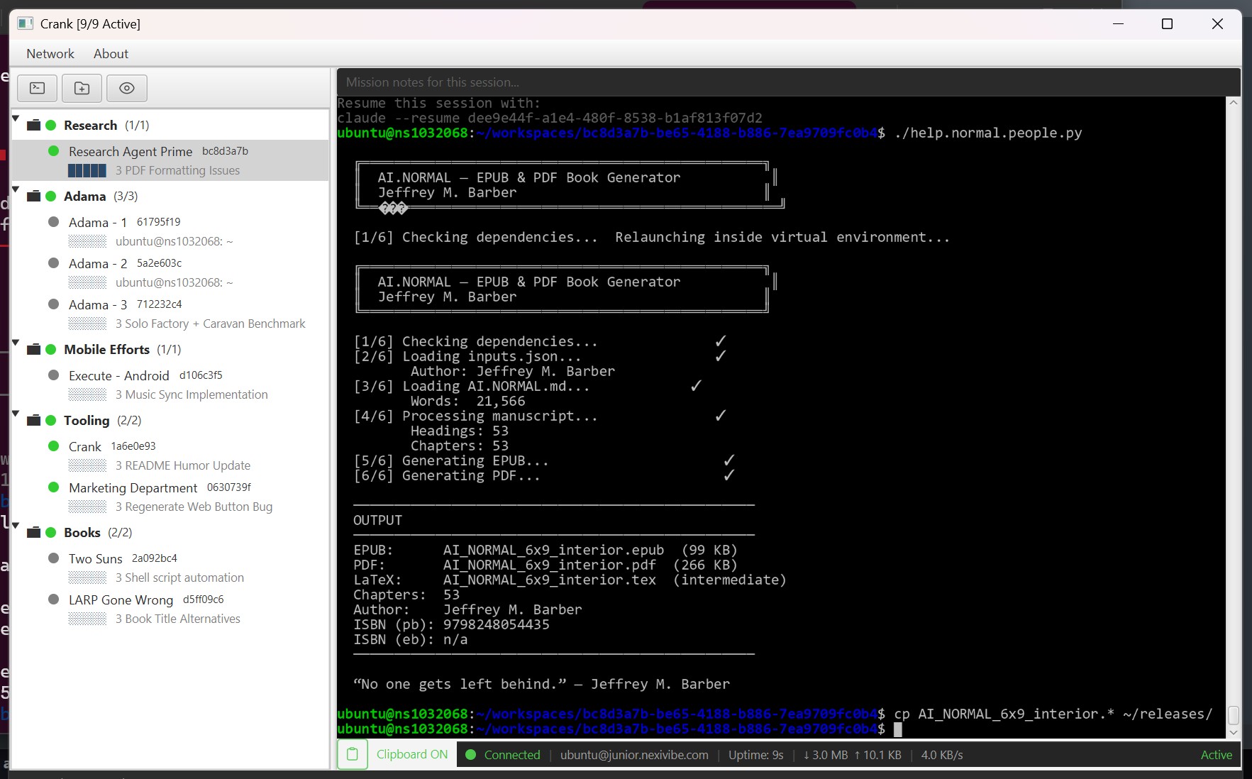 Crank SSH terminal manager showing a two-pane interface with session tree, bandwidth meters, and live terminal output
